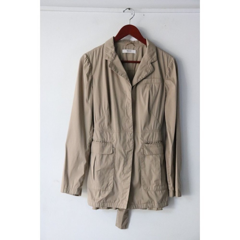 Prada Womens Size 44 Medium Beige Jacket Belted Cotton Button Down Collared Coat